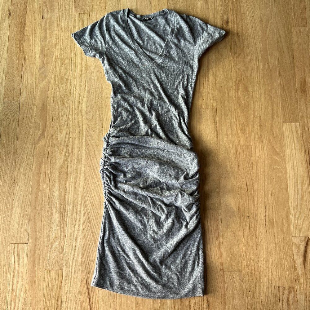 Monrow mommy midi maternity dress grey rusched short sleeve small v neck stretch